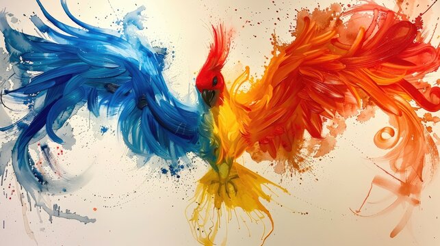 An abstract art piece of two birds in blue and red hues with dynamic splatters.
