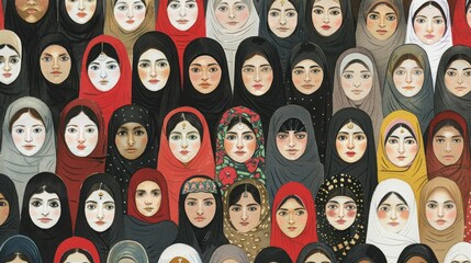 Illustrated variety of women wearing traditional hijabs.