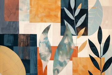 Abstract painting in gouache style with leaf shapes and geometric shapes in natural colours created with Generative AI Technology - obrazy, fototapety, plakaty