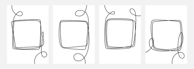 Square frames set. Line art. Continuous black line. Hand drawn sketch outlines. Vector illustration.