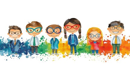 Fototapeta premium Watercolor illustration of children in colorful clothing with paint splashes.