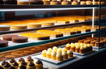 Pastry shop glass display with selection of pastries and cake.