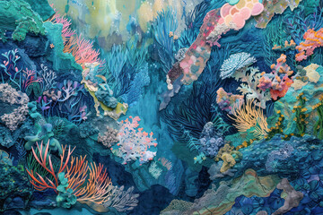 Fototapeta na wymiar Vivid Coral Reef Tapestry. This intricate artwork captures the rich and textured diversity of life in a coral reef, rendered as a stunning tapestry.
