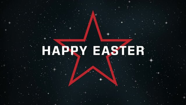 A vibrant red star with Happy Easter at its center against a black starry backdrop. A festive image that celebrates the joyous spirit of Easter