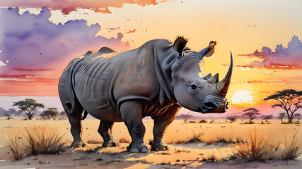 Fototapeta premium rhino in the sunset