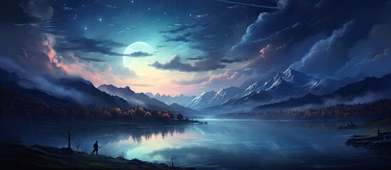 The person is gazing at the electric blue sky reflecting on the calm water of the lake at night, surrounded by the silhouette of mountains and a serene natural landscape - Powered by Adobe