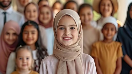Smiling girl in hijab with a blurred group of children behind her.