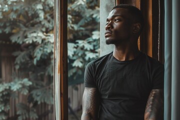 Calm african american man in black t-shirt with tattoo on arms looking through window