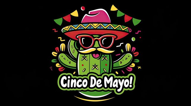 illustration funny festive cactus in sombrero hat and sunglasses, holiday logo, text cinco de mayo, poster, banner