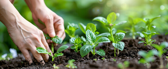 Delicate hands of a woman gently placing young seedlings into the earth of a garden, epitomizing the spirit of gardening and fostering a deep connection with nature.