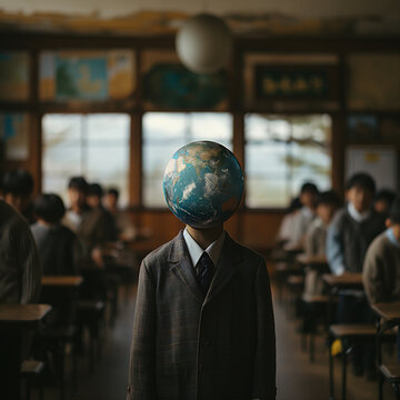 Kind in der Schule im Erdkundeunterricht mit Weltkugel als Kopf, ai generativ
