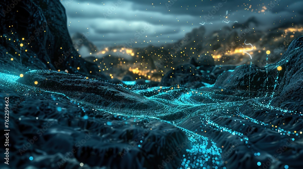 Poster an evocative image of a neural network-inspired landscape, the shimmering blue dots and lines evoke 