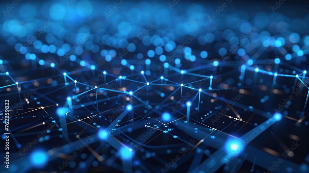 Poster a dynamic display of a technological nexus, the image features a network of blue illuminated connect