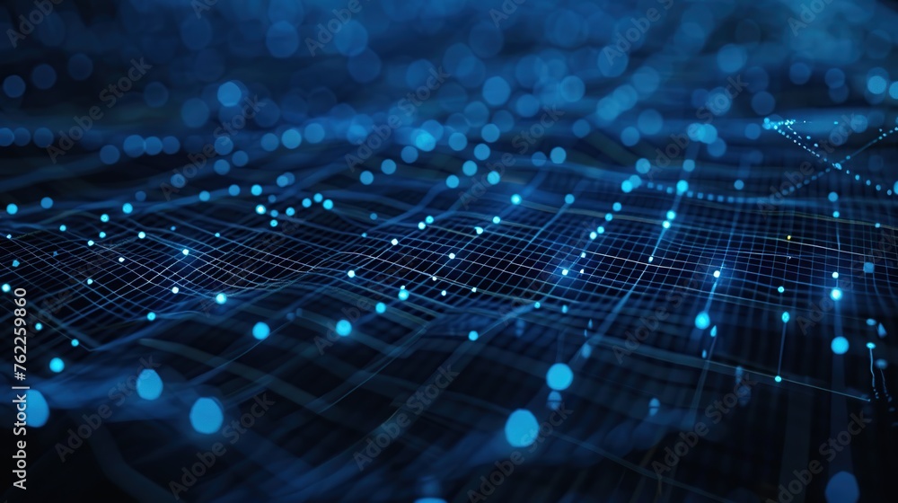 Poster this image features a futuristic network grid with deep blue nodes and light connections, ideal for 