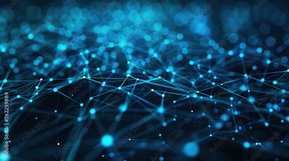 Poster a high-resolution image of cybernetic connection webs with neon blue lines that intricately weave ac