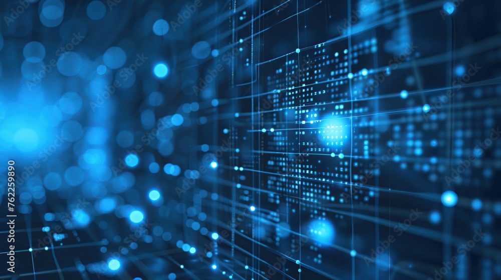 Poster an intricate blue digital grid creates a sense of advanced computing and data analysis, evoking them