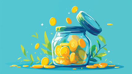 Glass jar with falling gold coins over blue in a con - obrazy, fototapety, plakaty
