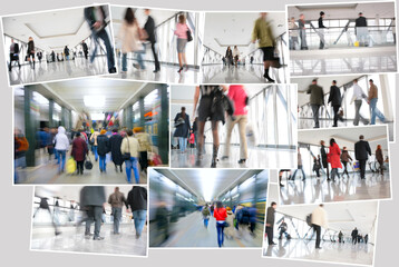 Collage with moving crowd, people are in hurry on business, motion blur