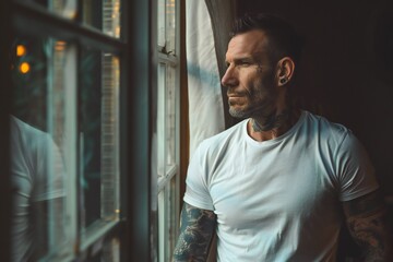 Calm man in white t-shirt with tattoo on arms looking through window