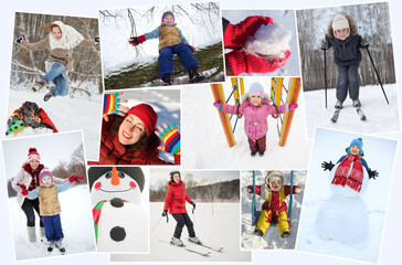Collage with 8 people skating, skiing and having fun at winter outdoor