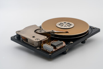 HDD, Hard disk drive, platters, circular magnetic disk. Mechanical and electronic components....