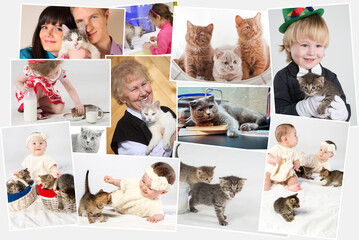 Collage with three adult people and five children with cats and kittens on hands, in embrace