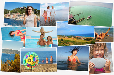 Collage with 11 people (five model) holidaymakers on sea coast