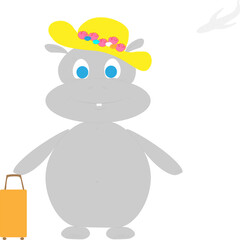 The hippo with a hat and a suitcase was going to fly on vacation by plane. Vector illustration for children. Use for T-shirt template, surface design, fashion clothing