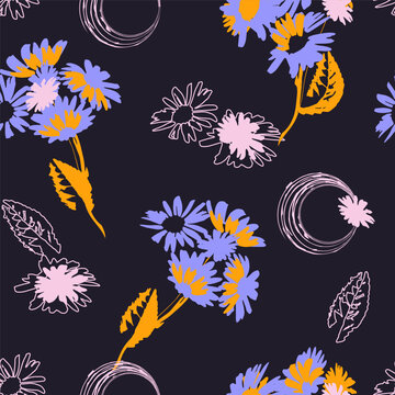Hand-drawn seamless pattern with floral print. Contour silhouette of flowers, leaves, circles on a dark blue background. Vector pattern for printing on fabric, gift wrapping, covers, wallpapers.