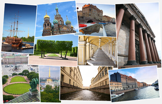 Collage of 10 photos with historical sights and views of St. Petersburg