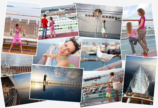 collage of pictures of cruise liner with wom�n and girl on ship