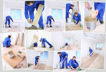 thirteen workers (two models) mount laminate floor in apartment, collage.