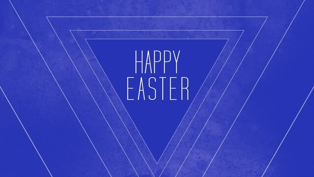 A blue triangle made of thin white lines forms the background, while the phrase Happy Easter in white letters is centered within it. The background is a darker shade of blue