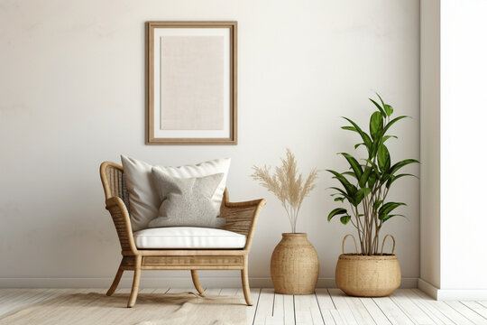 Get lost in the boho-chic vibes of a stylish living area with a wicker chair, floor vases, and a blank mockup poster frame against a bright white wall.