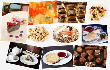Fototapeta na wymiar collage of sweet desserts, fruits, nuts, sweets, cakes