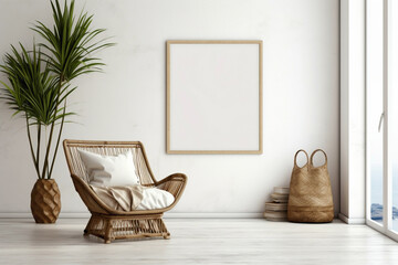 Get lost in the boho-chic vibes of a stylish living area with a wicker chair, floor vases, and a blank mockup poster frame against a bright white wall.