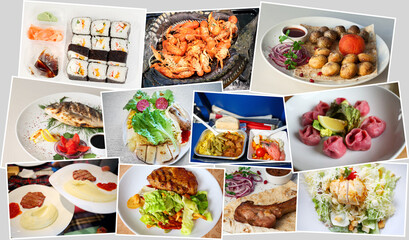 collage with variety of food on platter