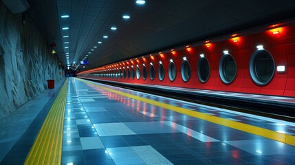 Long Red Train Traveling Through Tunnel