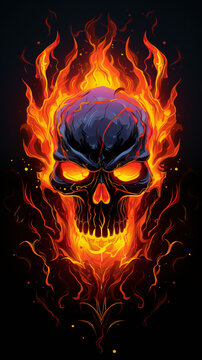 Fiery skull with glowing eyes, surrounded by intense flames, radiating ominous appearance