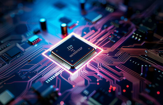 Circuit board technology background. Computer processors aligned with abstract lighting effects postproduction.
