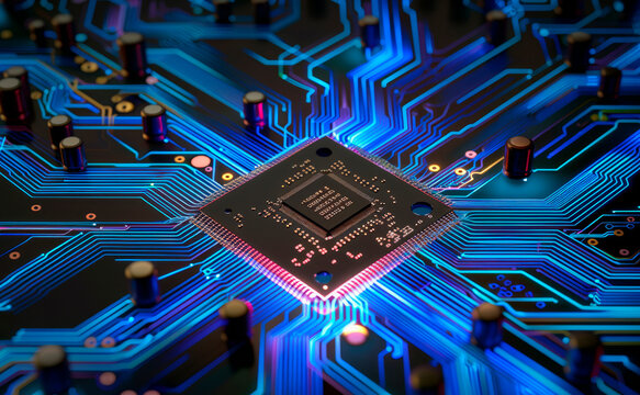 Circuit board technology background. Computer processors aligned with abstract lighting effects postproduction.