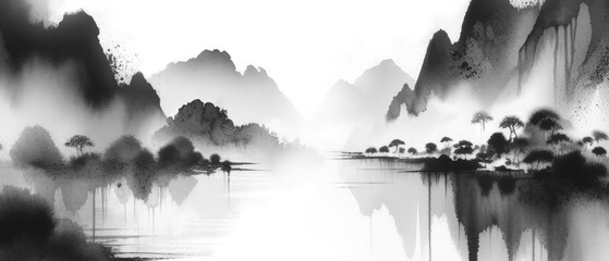 Black and white minimalist landscape in chinese and japanese ink painting style. Serene mountains, tranquil river - 762261076