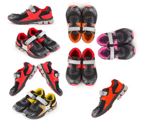 Collage with seven Pair of sports shoes, black, red, yellow and orange colors on white background.