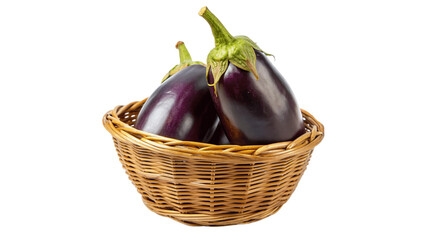 Fresh eggplant in basket isolated on Transparent background.