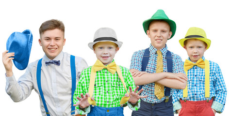 collage with four half-length portrait of boys (three models) in dance suit and hat