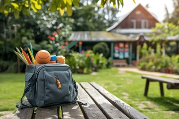 Backpack full of school supplies on a wooden bench outside with gardens and school in the background. Front view.