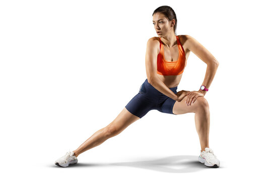 Beautiful woman at the gym doing fitness exercises. Sports transparent background.	