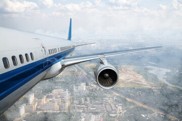 Collage with passenger aircraft in flight, view of earth from height of flying plane