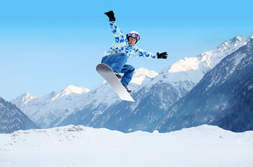 Collage with snowboarder in helmet and sport suit jumps on snowboard on mountain at snowy winter