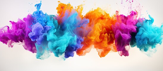 A colorful mix of purple, violet, electric blue, and magenta smoke rises from the water on a white background, creating a unique art event resembling a meteorological phenomenon